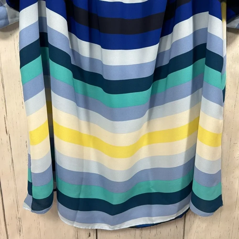 New York & Company Stripes Off The Shoulder Blue Coastal Nautical Blouse